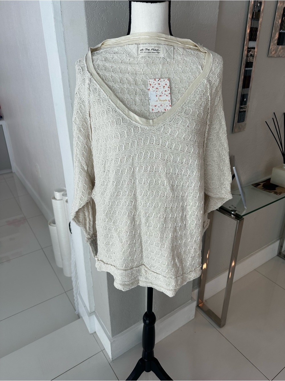 Free People Cream Open Knit Scoop Neck Pullover
